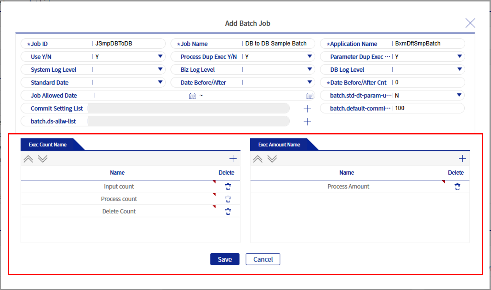Batch job management registration - Enter logical names for count/amount