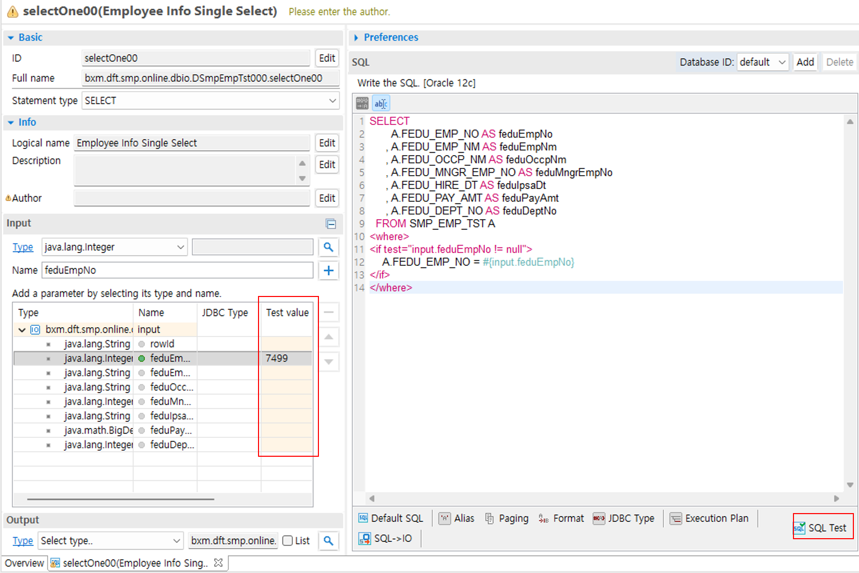 Entering test values and SQL Test button
