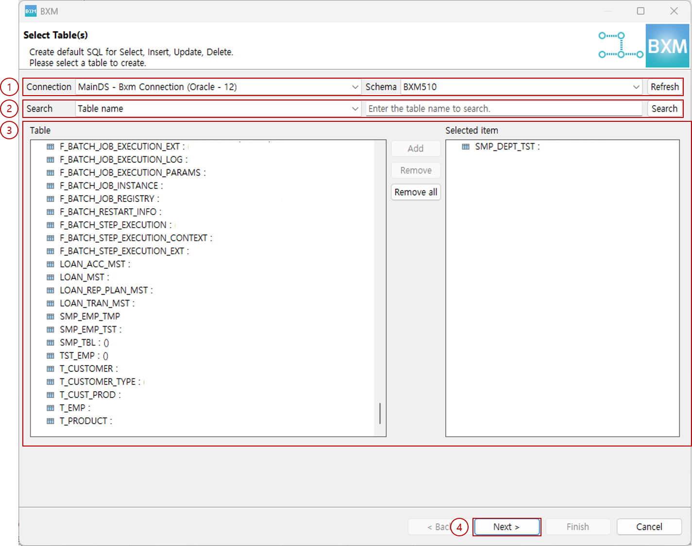 Table selection page