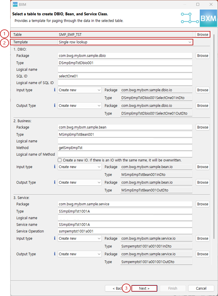 Table and template type selection page