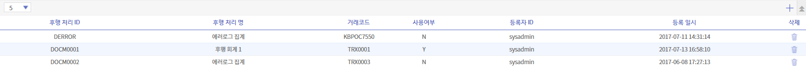 후행 처리 작업 관리 그리드 영역